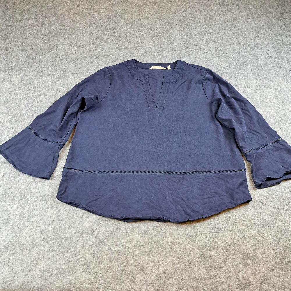 Soft Surroundings Shirt Womens Medium Navy Lyocell Tunic Split Neck 3/4 Sleeve